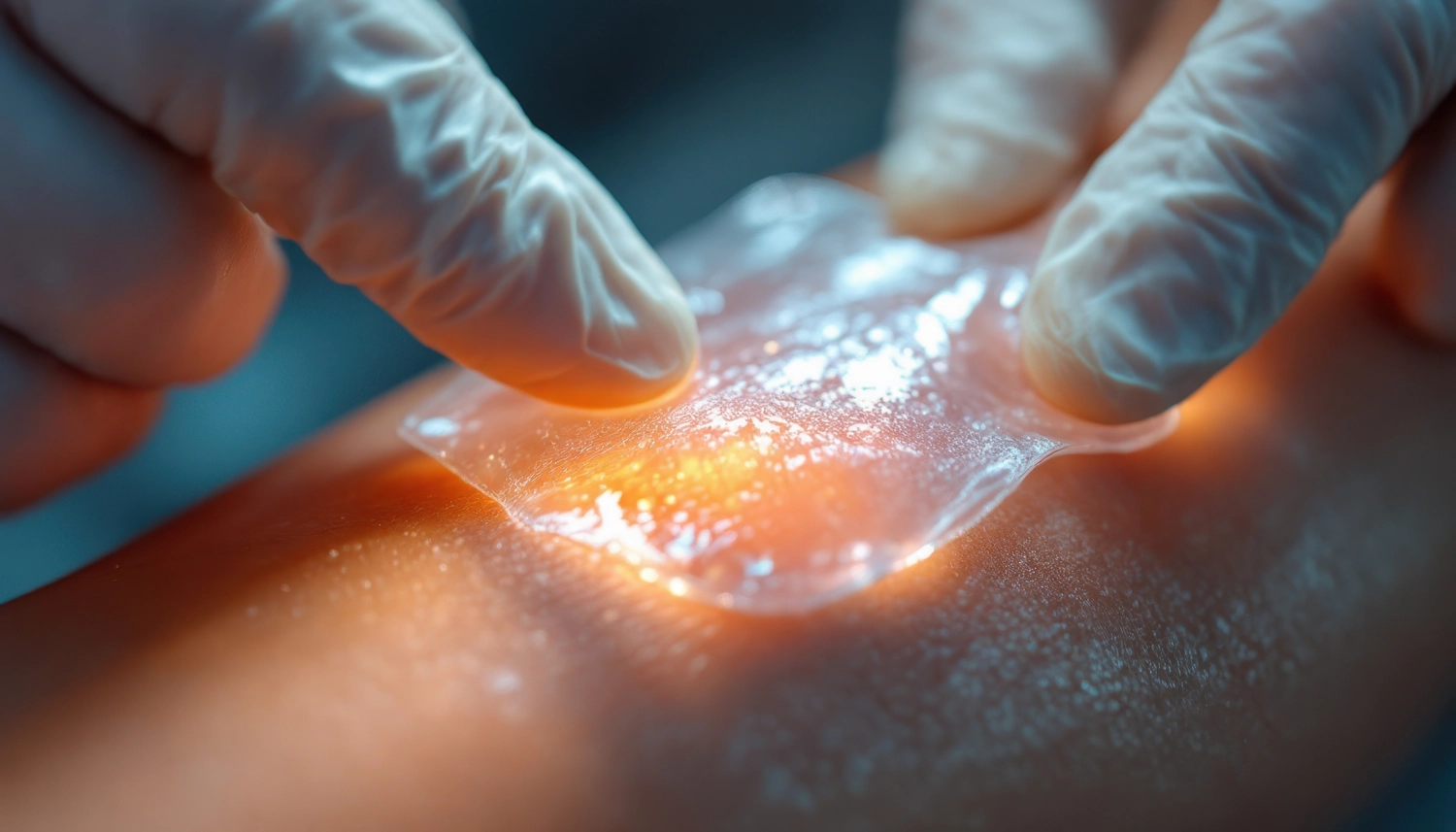 Nahaufnahme des Anlegens eines Hydrogelverbandes auf der Hautoberfläche zur Wundversorgung
