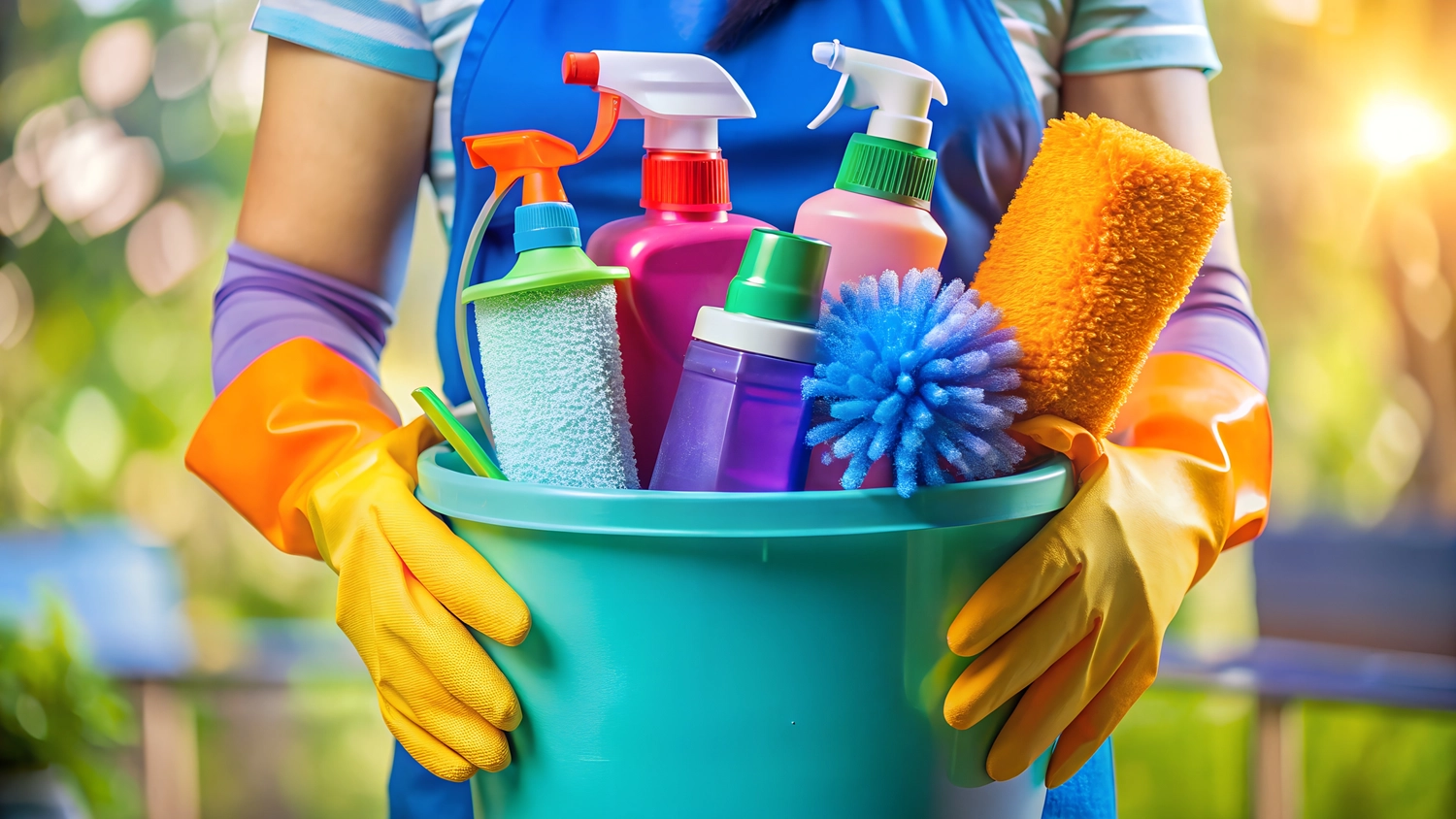 AgoCare UG - Gesundheitsdienstleister - Eine Person mit gelben Gummihandschuhen hält einen Eimer mit verschiedenen Reinigungsmitteln und Werkzeugen für die Hausarbeit.